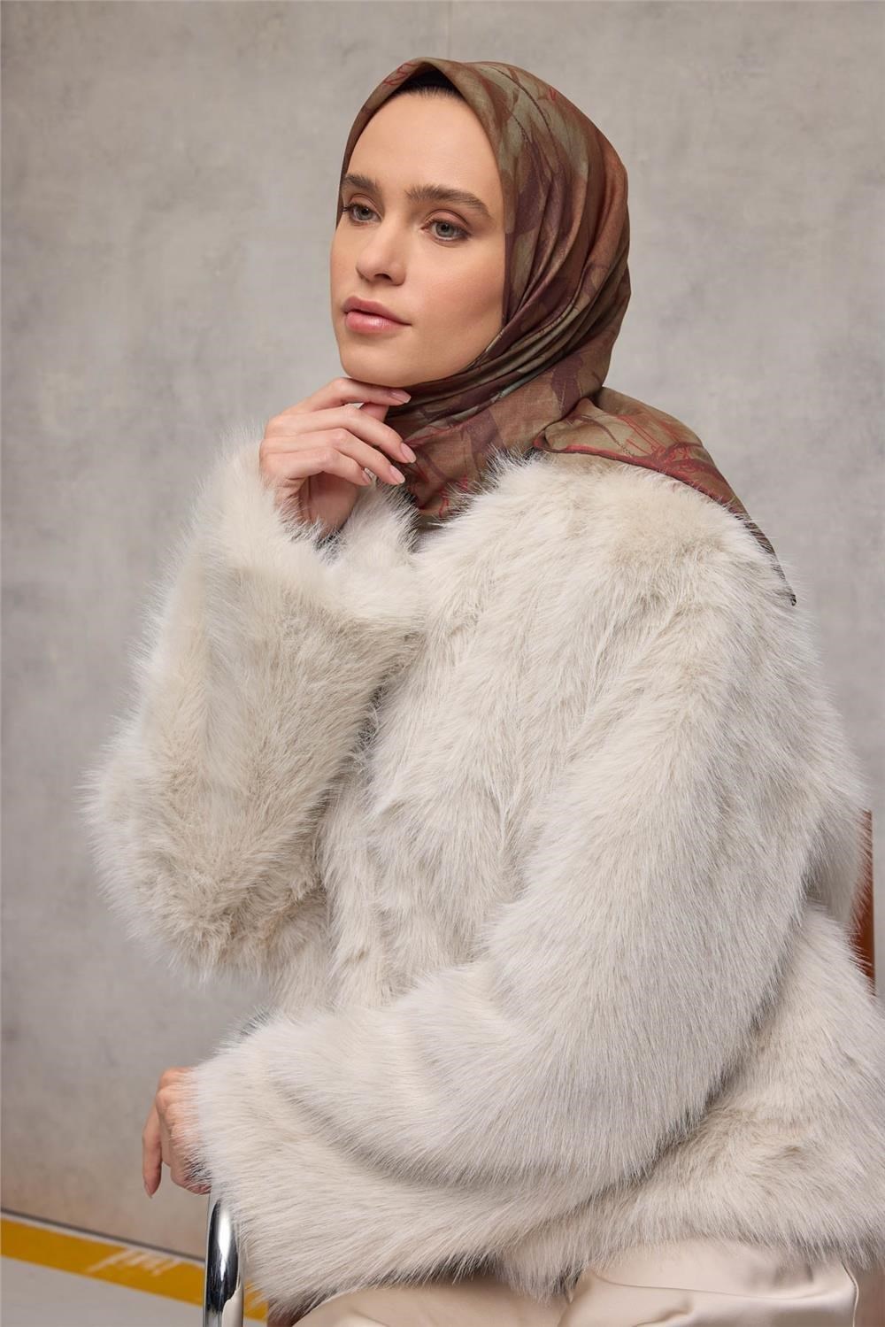 Pamuk Polyester Soft Eşarp Yaprak Desen Olive Kahve 90x90