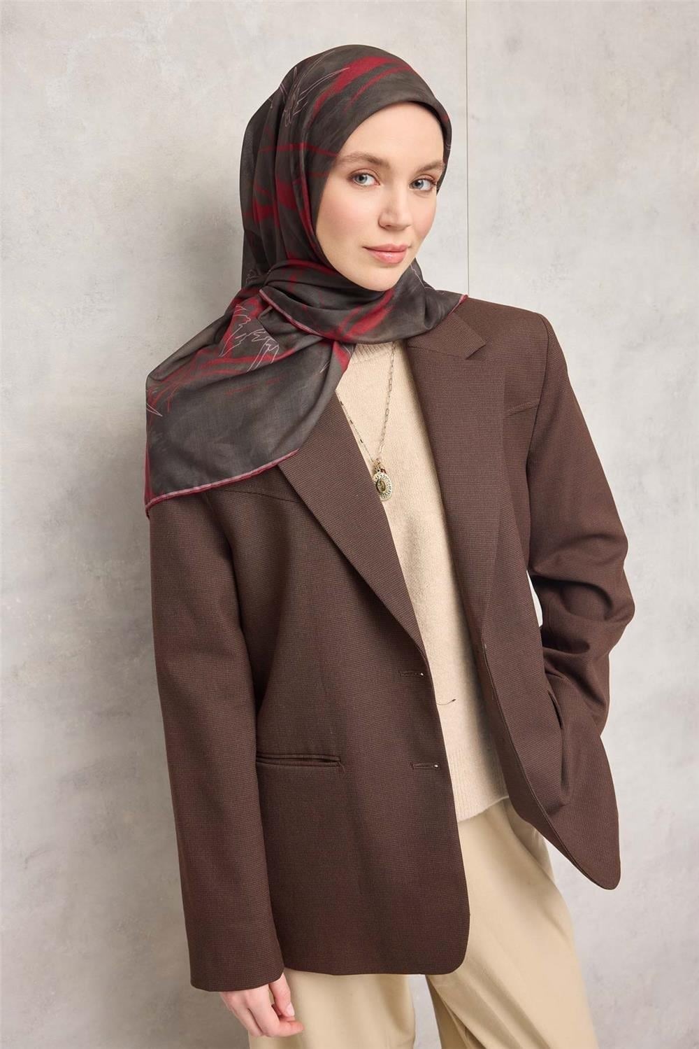 Pamuk Polyester Soft Eşarp Yaprak Desen Dumanlı Siyah 90x90