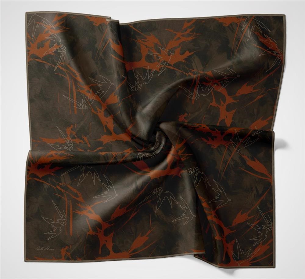 Pamuk Polyester Soft Eşarp Yaprak Desen Kahverengi 90x90