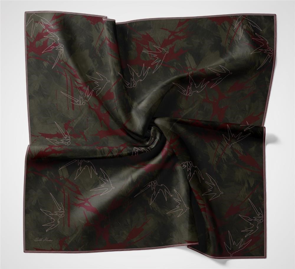 Pamuk Polyester Soft Eşarp Yaprak Desen Dumanlı Siyah 90x90