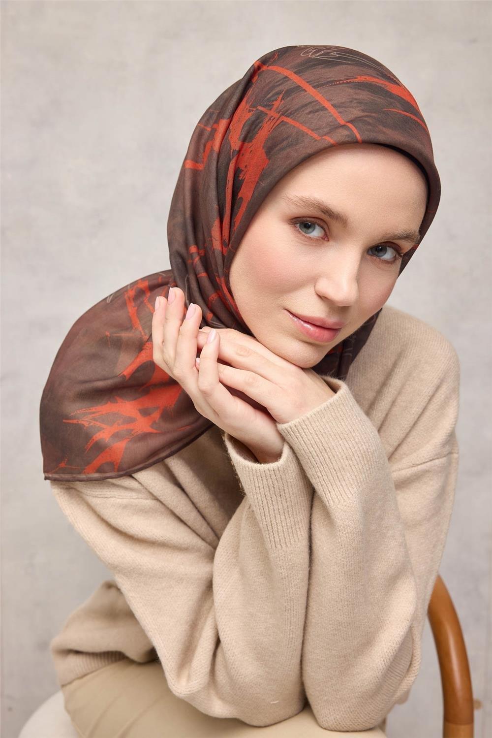 Pamuk Polyester Soft Eşarp Yaprak Desen Kahverengi 90x90