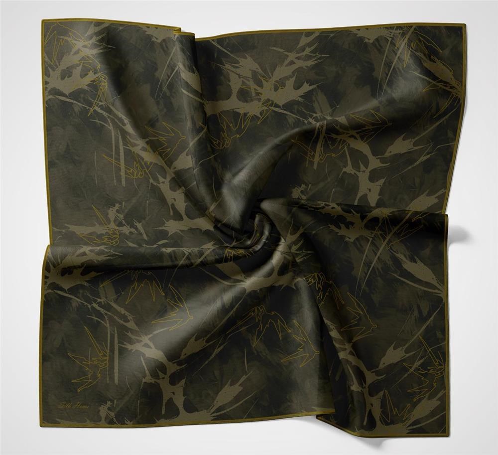 Pamuk Polyester Soft Eşarp Yaprak Desen Asker Yeşili 90x90