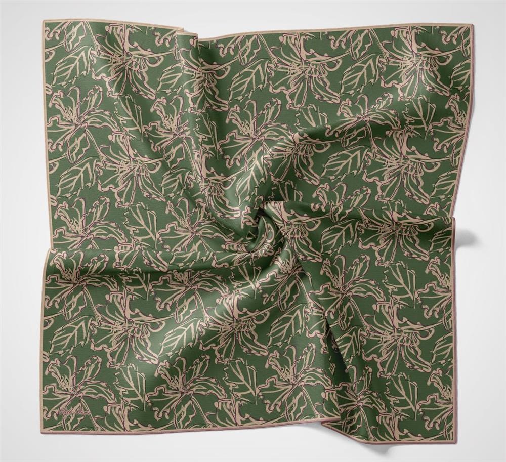 Pamuk Polyester Soft Eşarp Yeşil Lilium Desenli Kaymaz Dokulu 90x90