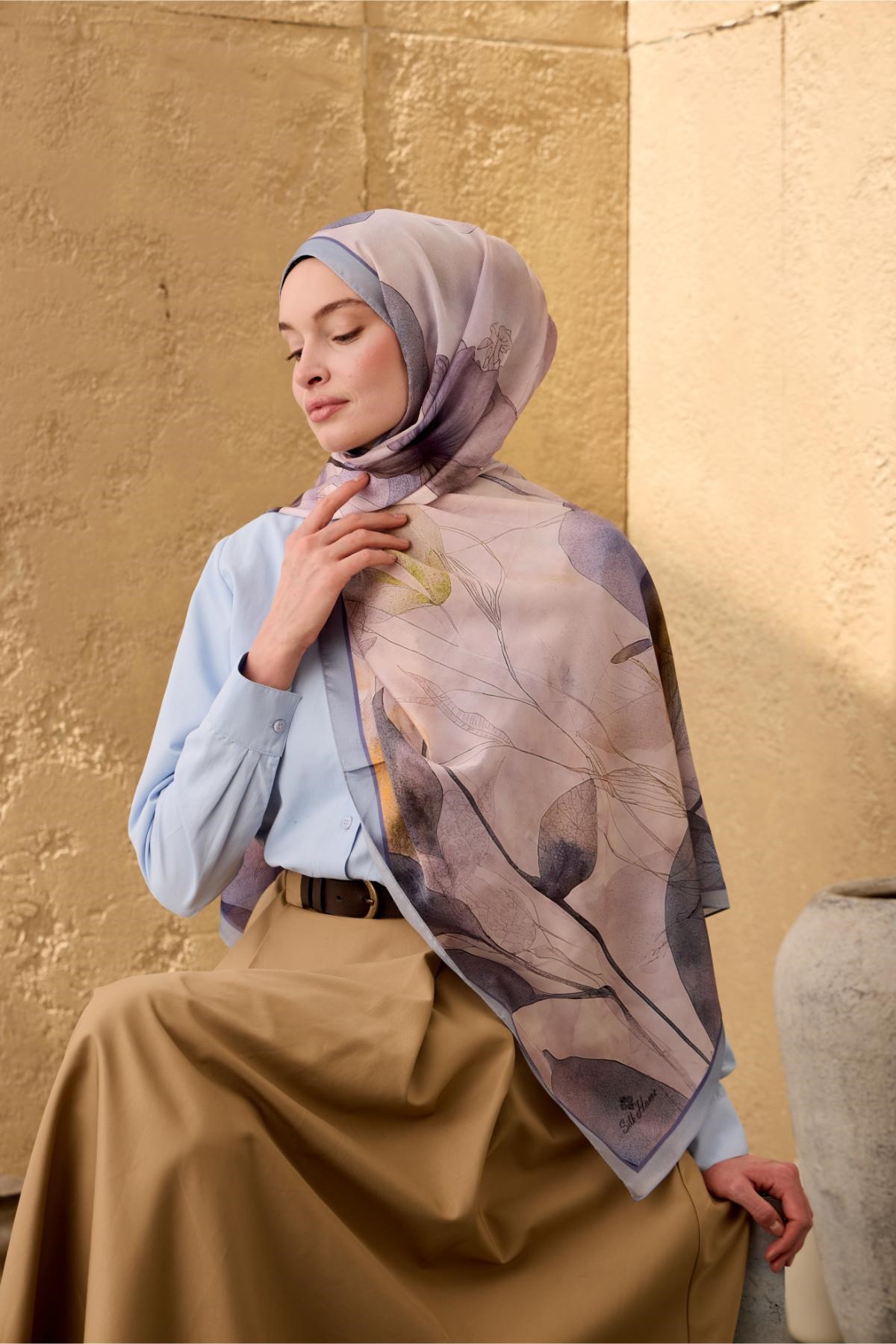 Polyester Velina Şal Bebe Mavi-Pudra Desenli Parlak Dokulu Hafif 190x70