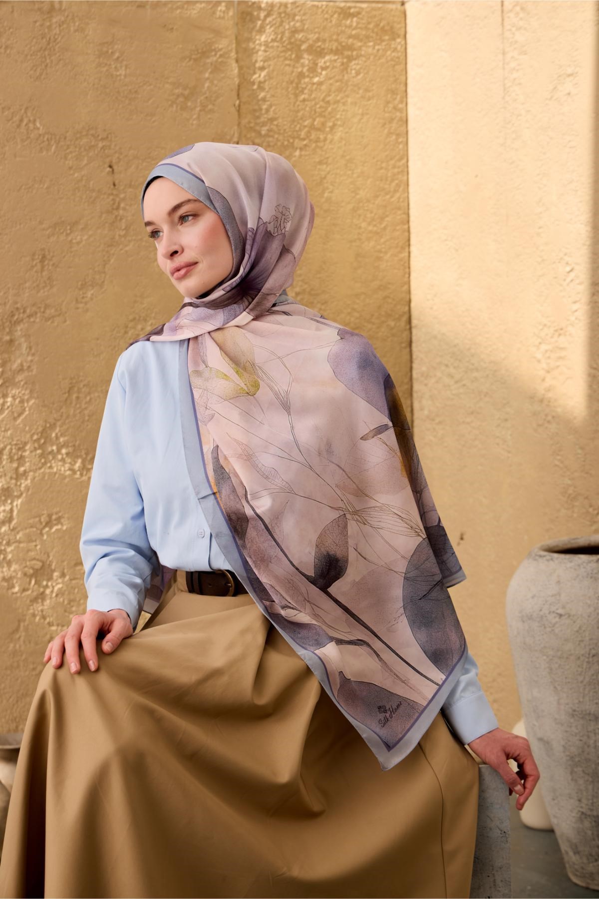 Polyester Velina Şal Bebe Mavi-Pudra Desenli Parlak Dokulu Hafif 190x70