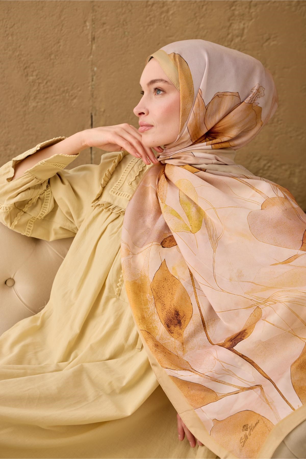 Polyester Velina Şal Bej-Taba Pudra Pembe Yeşil Sarı Desenli İpeksi Dokulu Hafif Yapılı 70x190