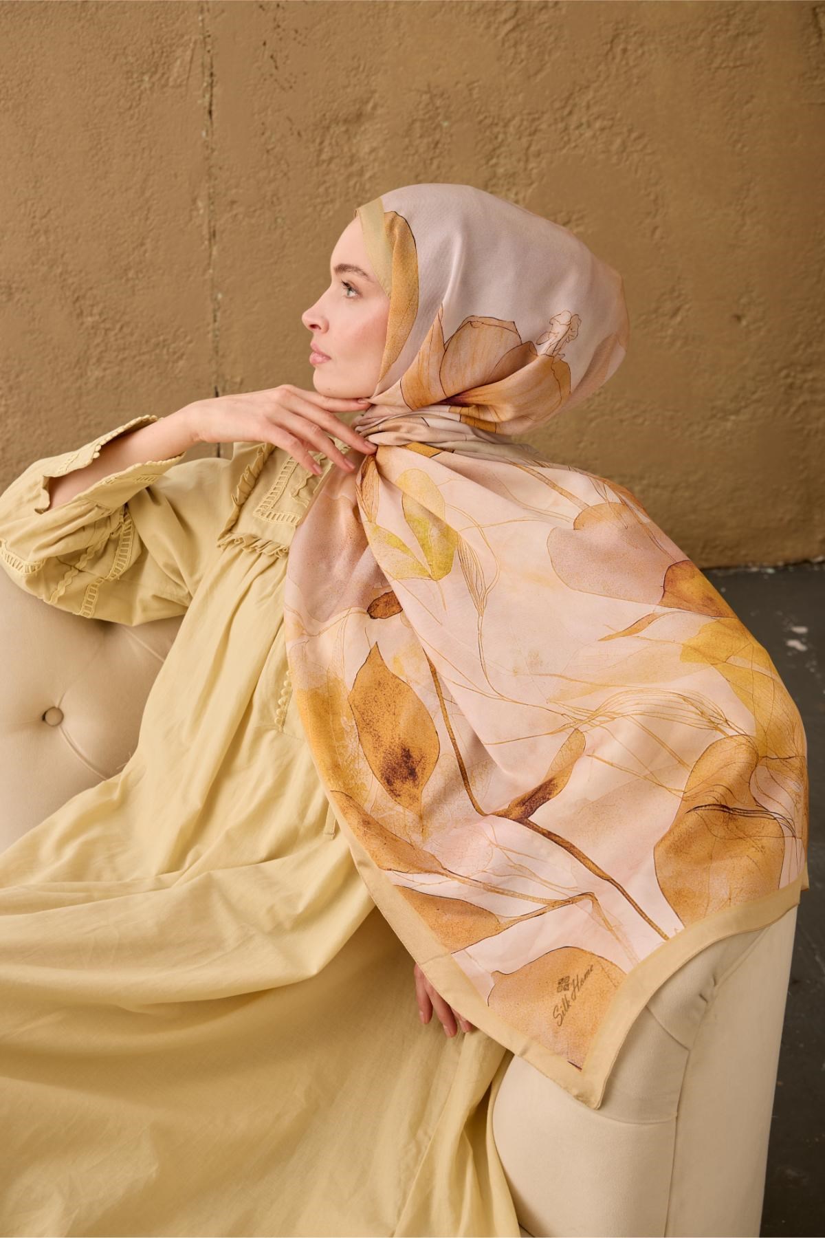 Polyester Velina Şal Bej-Taba Pudra Pembe Yeşil Sarı Desenli İpeksi Dokulu Hafif Yapılı 70x190