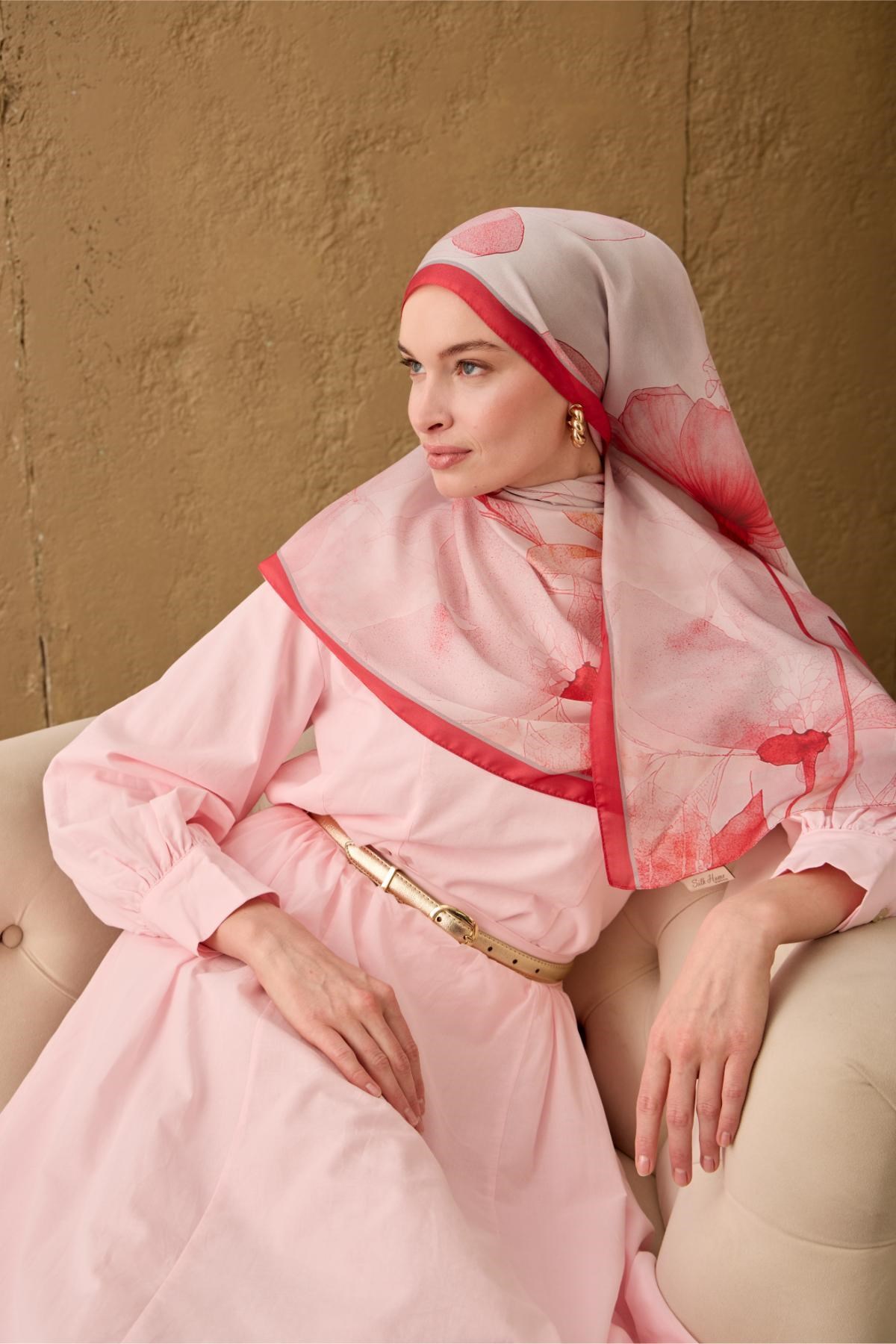 Polyester Velina Şal Fuşya-Toz Pembe Gri Pudra Desenli İpeksi Dokulu Hafif Yapılı 70x190