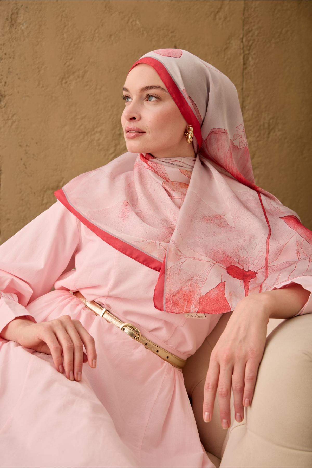Polyester Velina Şal Fuşya-Toz Pembe Gri Pudra Desenli İpeksi Dokulu Hafif Yapılı 70x190