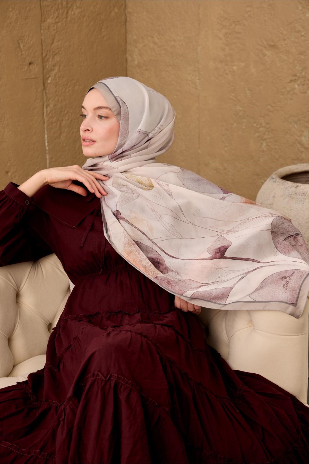 Polyester Velina Şal Gri-Gümüş Mor Yeşil Geçişli İpeksi Dokulu Hafif Yapılı 70x190
