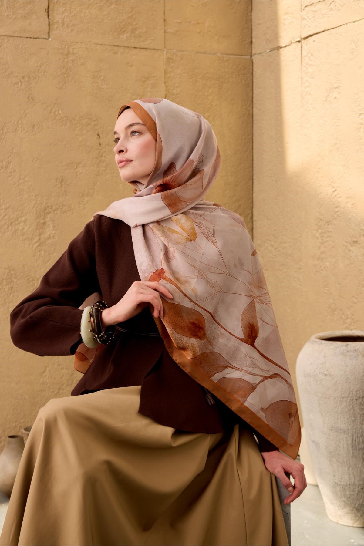 Polyester Velina Şal Karamel-Kiremit-Turuncu Desenli Parlak Dokulu Hafif 190x70