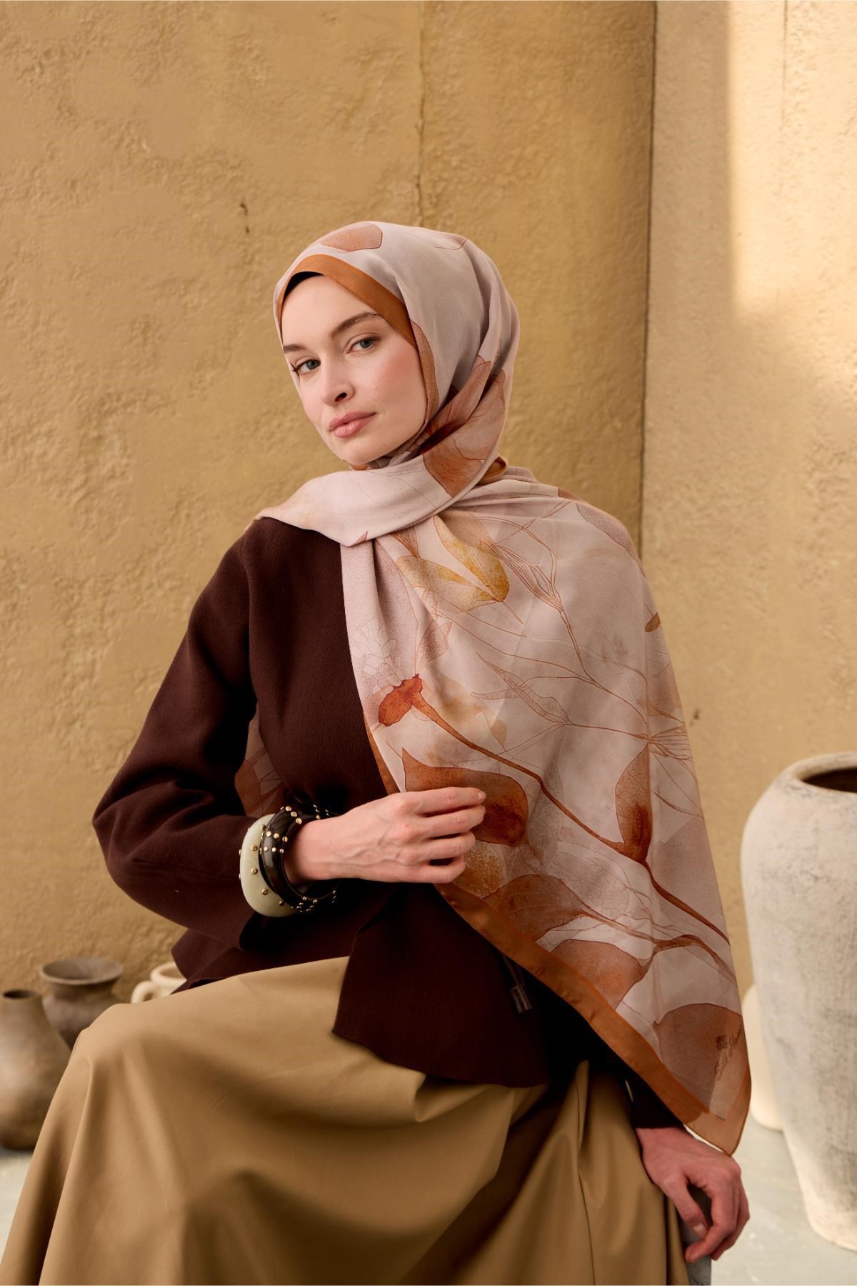 Polyester Velina Şal Karamel-Kiremit-Turuncu Desenli Parlak Dokulu Hafif 190x70