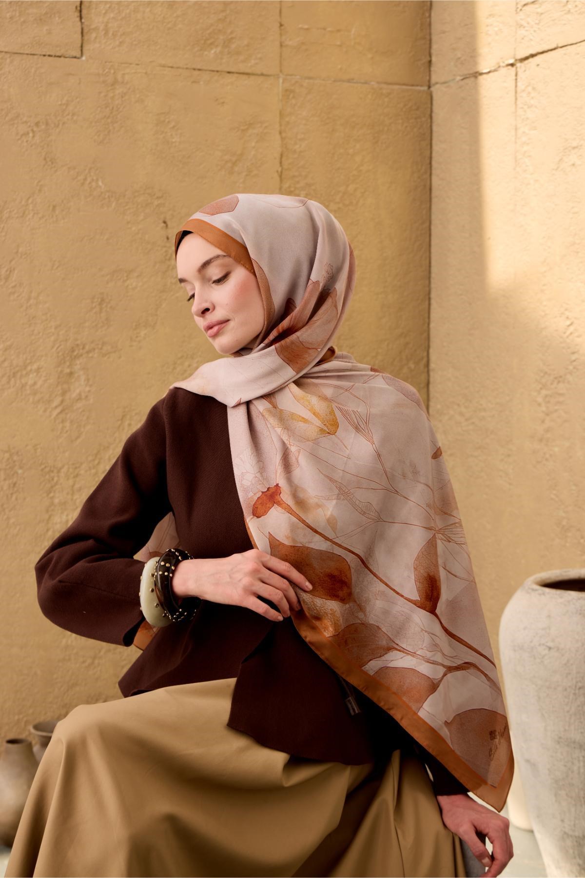 Polyester Velina Şal Karamel-Kiremit-Turuncu Desenli Parlak Dokulu Hafif 190x70