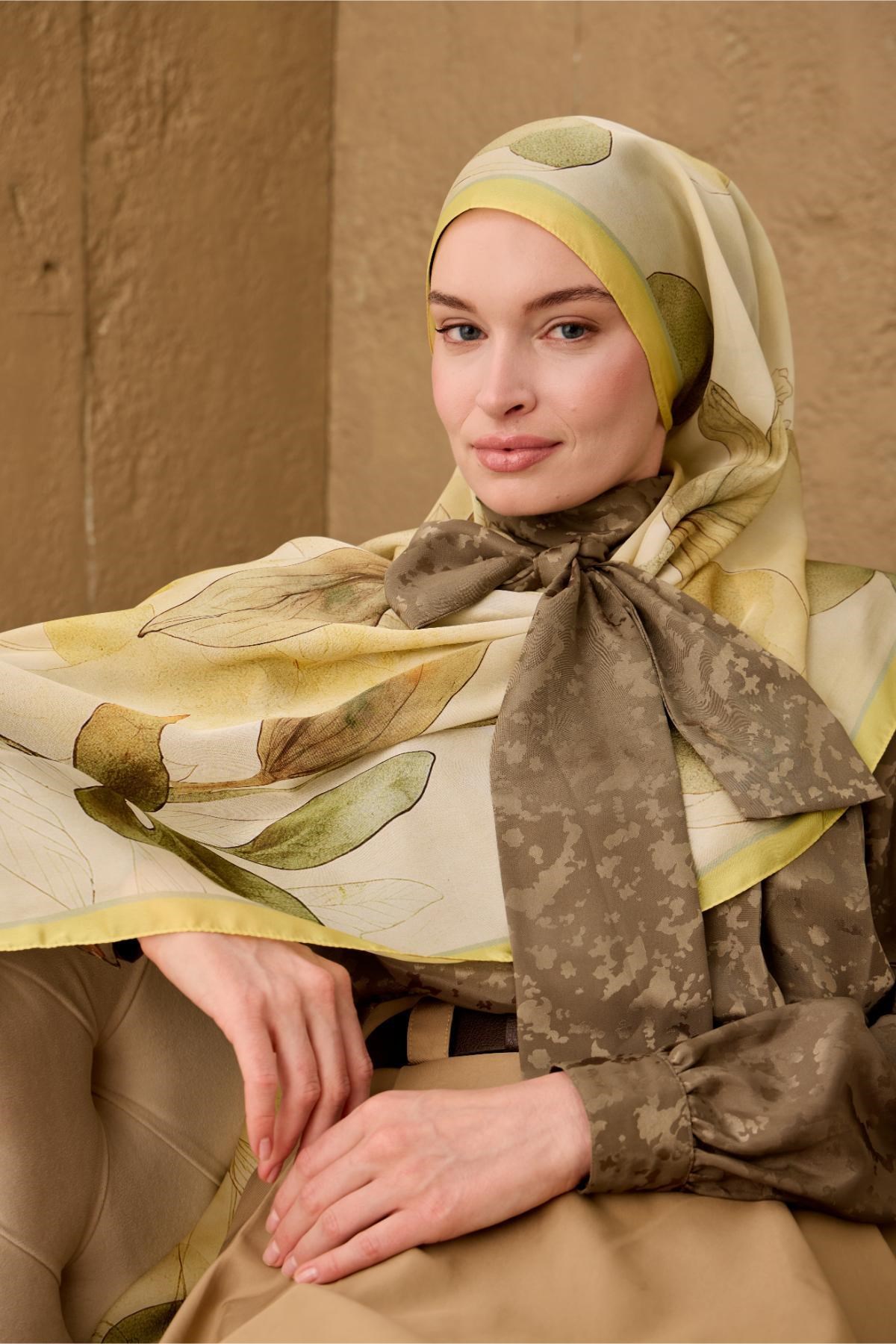 Polyester Velina Şal Limon-Krem Yeşil Turuncu Haki Sarı Desenli İpeksi Dokulu Hafif Yapılı 70x190