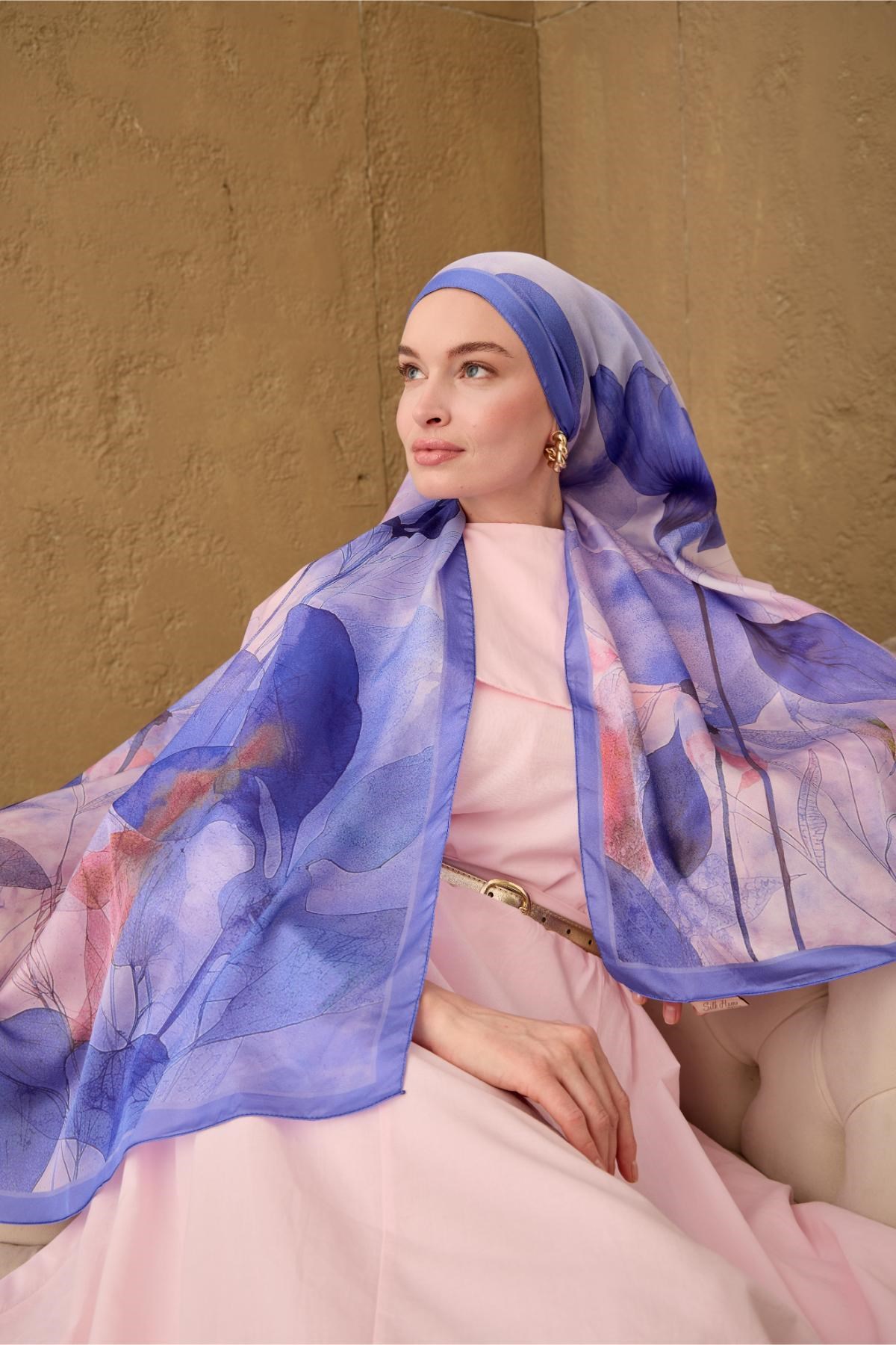 Polyester Velina Şal Mavi-Lila Lila Yeşil Pembe Desenli İpeksi Dokulu Hafif Yapılı 70x190