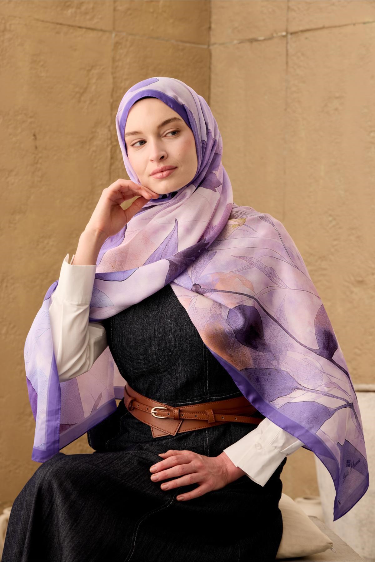 Polyester Velina Şal Mor-Pudra-Lila Desenli Parlak Dokulu Hafif 190x70