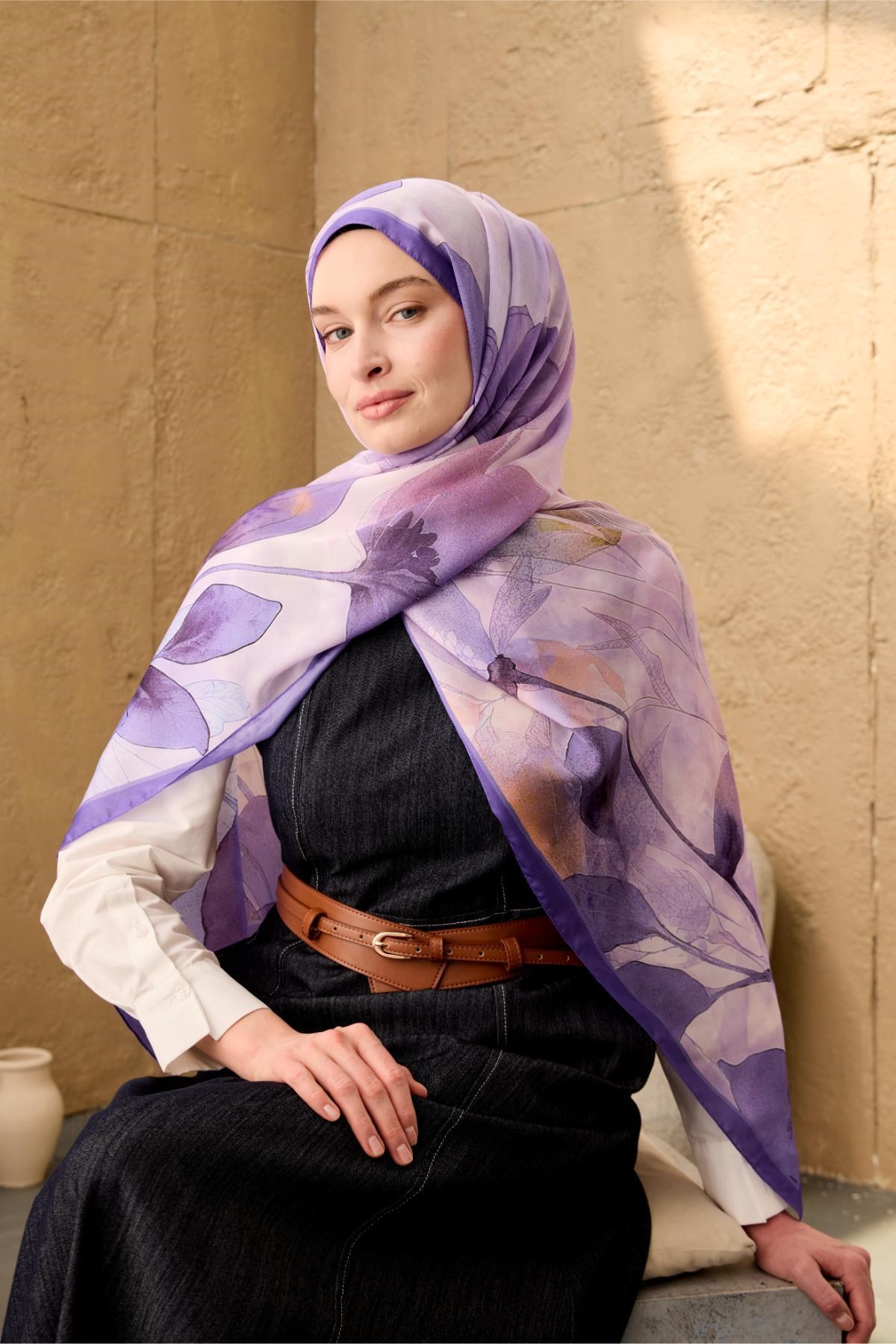 Polyester Velina Şal Mor-Pudra-Lila Desenli Parlak Dokulu Hafif 190x70