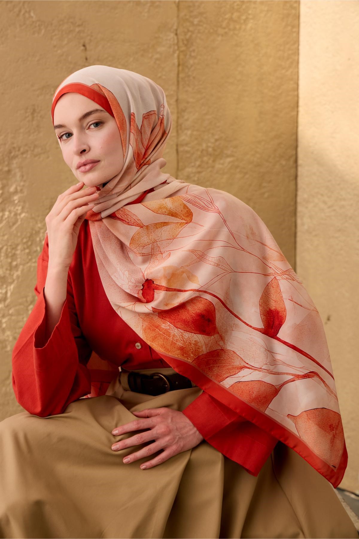 Polyester Velina Şal Parlak Turuncu-Krem Desenli Parlak Dokulu Hafif 190x70