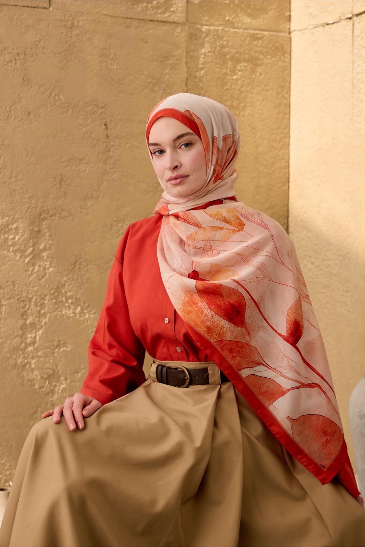 Polyester Velina Şal Parlak Turuncu-Krem Desenli Parlak Dokulu Hafif 190x70
