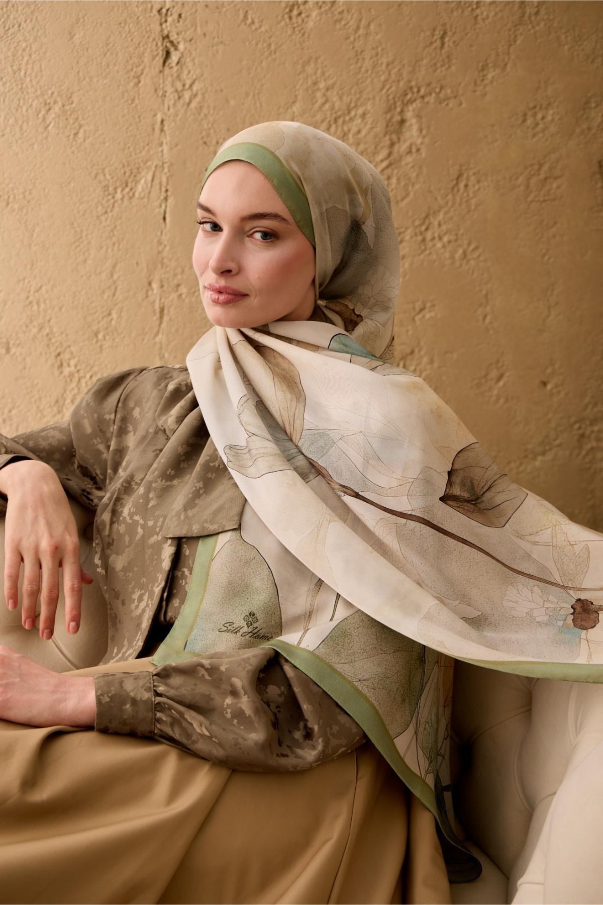 Polyester Velina Şal Pastel Yeşil Haki Kahve Turuncu Mavi Desenli İpeksi Dokulu Hafif Yapılı 70x190