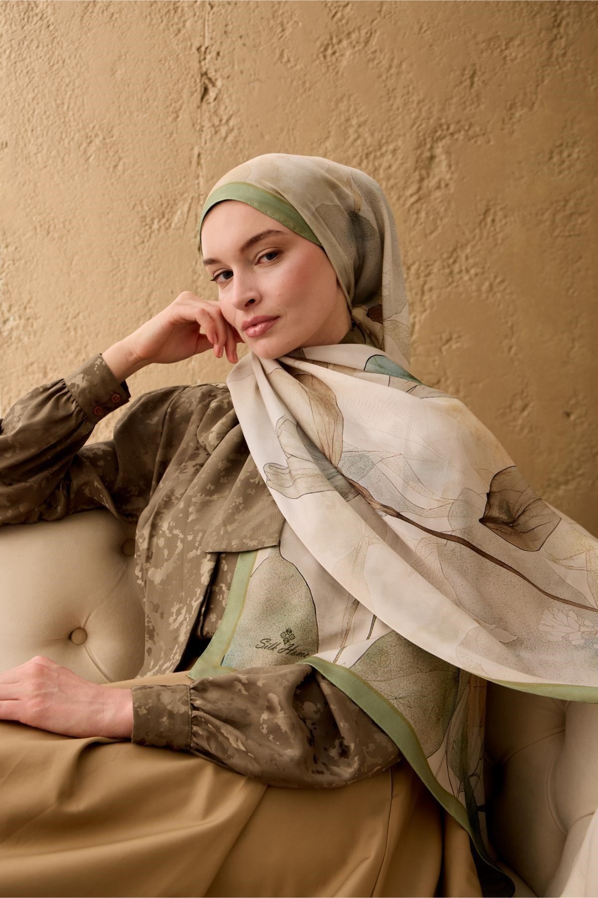 Polyester Velina Şal Pastel Yeşil Haki Kahve Turuncu Mavi Desenli İpeksi Dokulu Hafif Yapılı 70x190