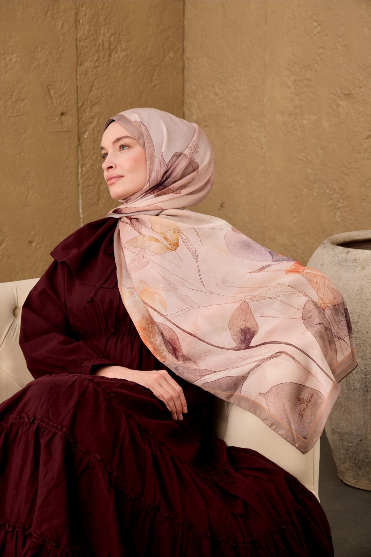 Polyester Velina Şal Pudra-Vizon Turuncu Mor Desenli İpeksi Dokulu Hafif Yapılı 70x190