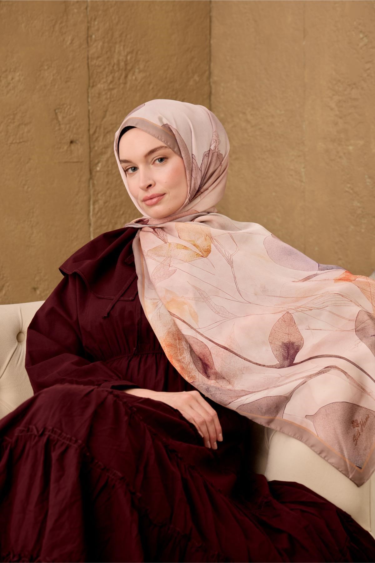 Polyester Velina Şal Pudra-Vizon Turuncu Mor Desenli İpeksi Dokulu Hafif Yapılı 70x190