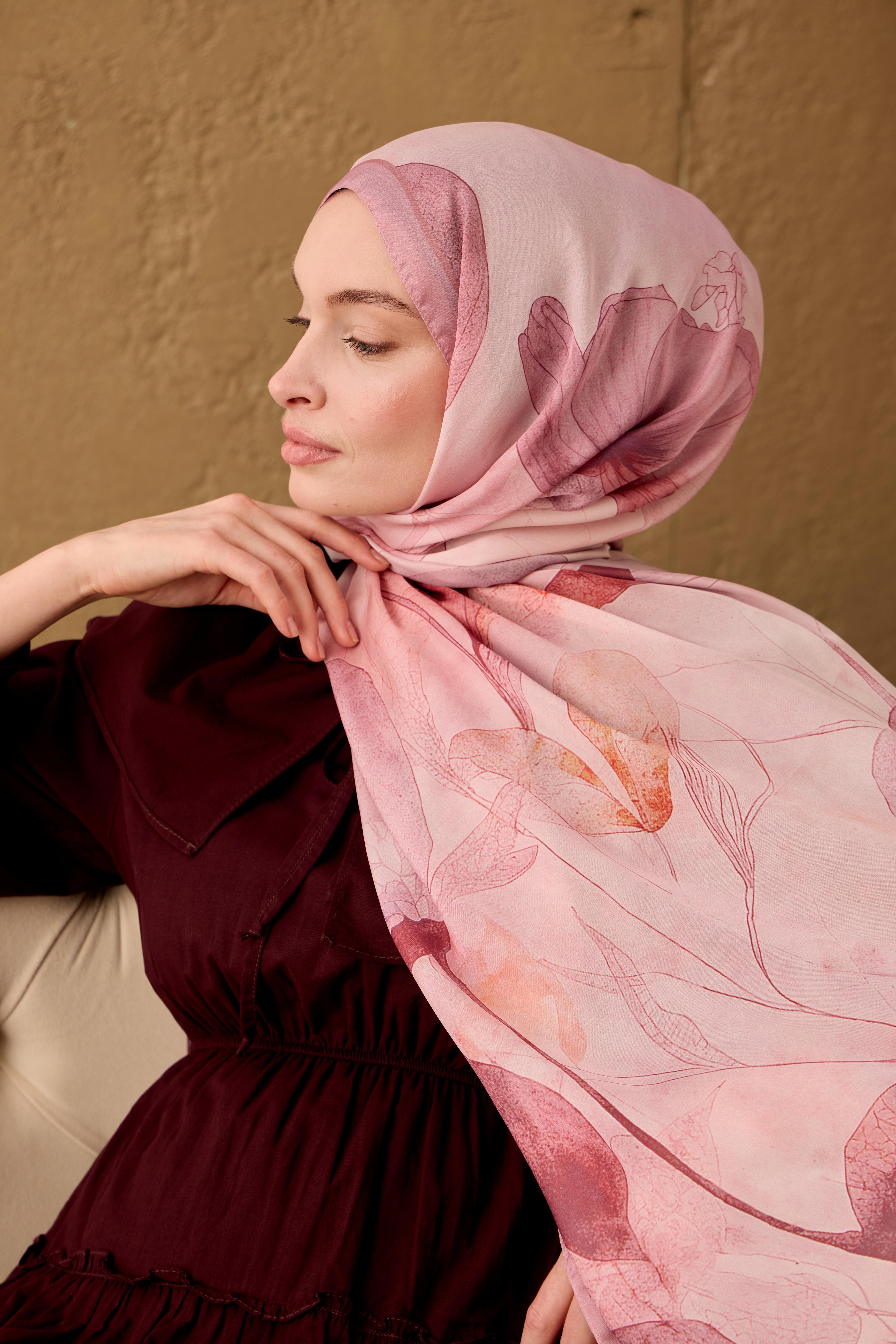 Polyester Velina Şal Rose-Pudra Pembe Somon Turuncu Narçiçeği Desenli İpeksi Dokulu Hafif Yapılı 70x190