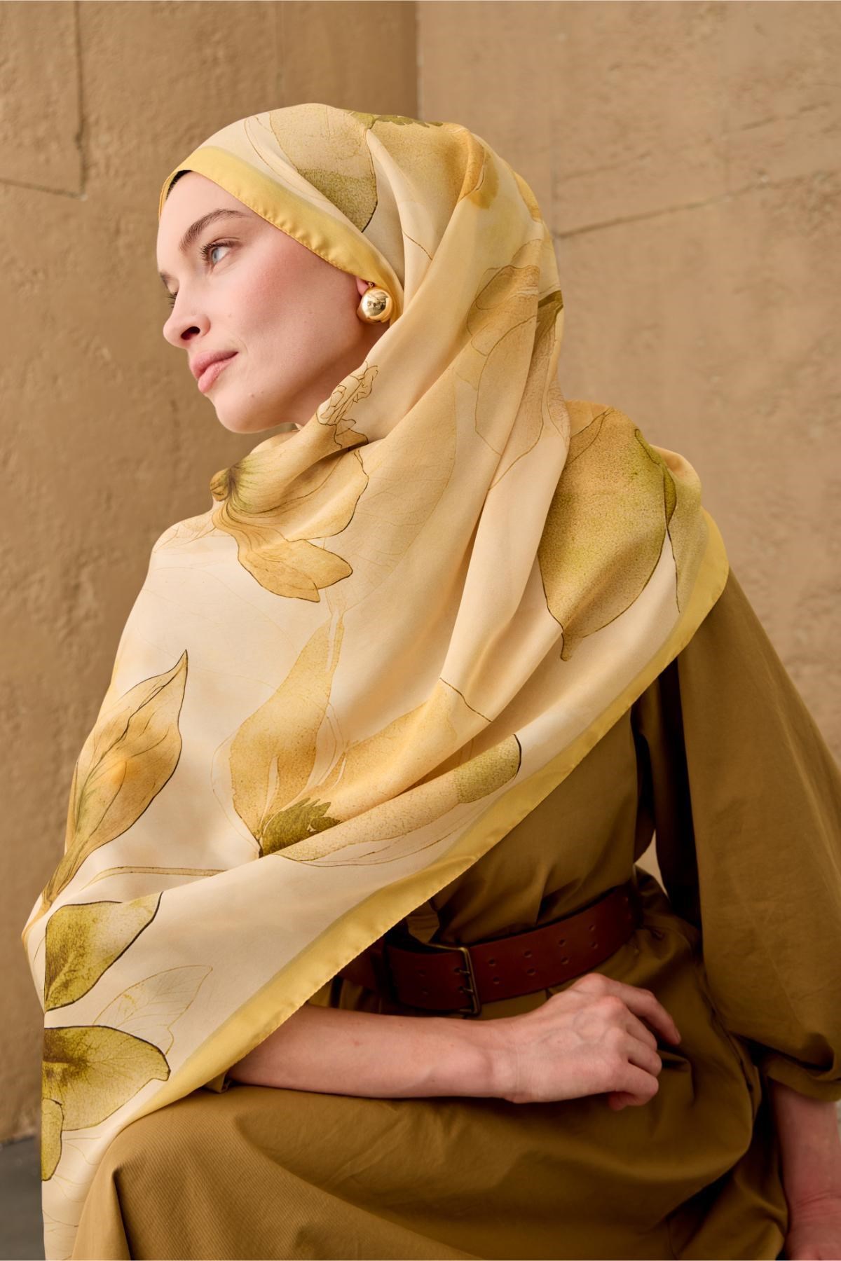 Polyester Velina Şal Sarı Butter Yellow Yeşil Koyu Yeşil Turuncu Desenli İpeksi Dokulu Hafif Yapılı 70x190