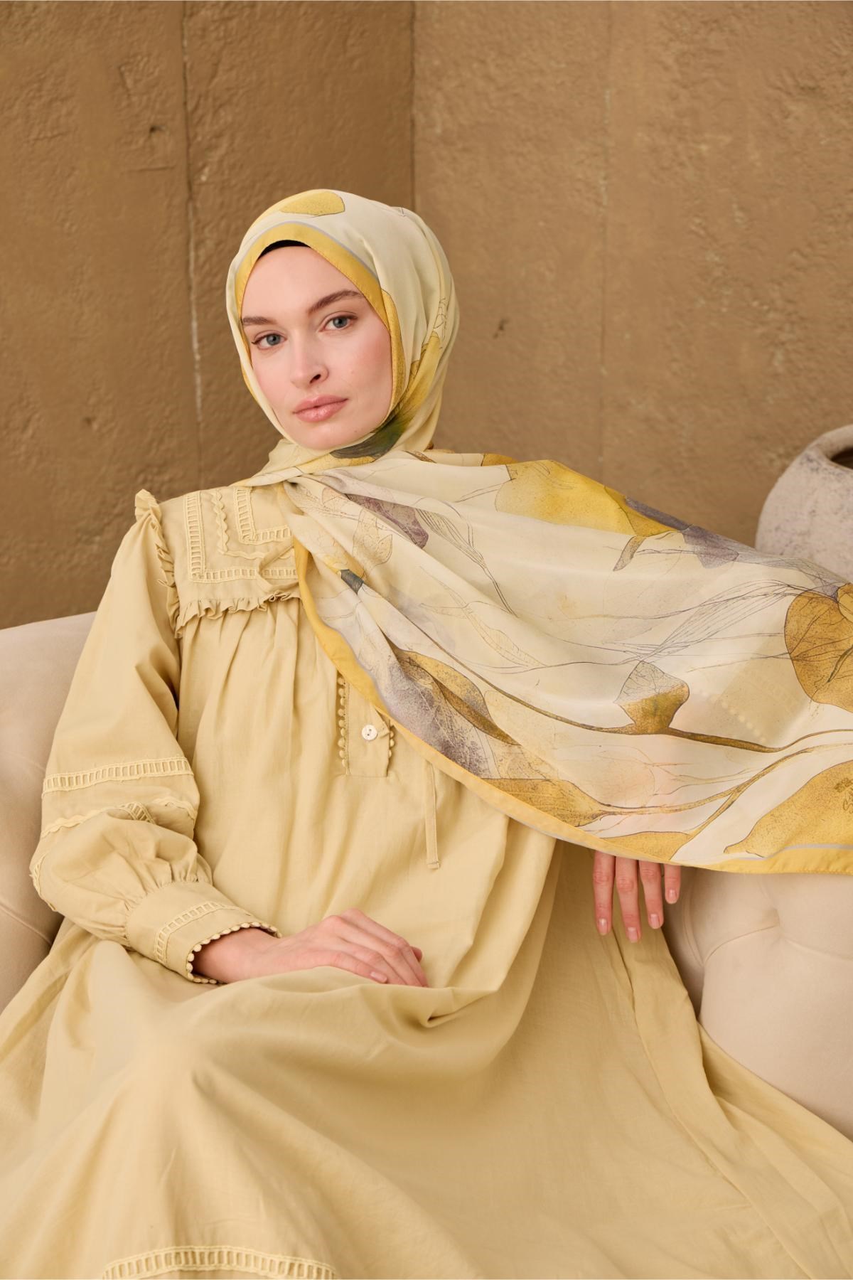 Polyester Velina Şal Sarı-Krem Gri Mor Yeşil Desenli İpeksi Dokulu Hafif Yapılı 70x190