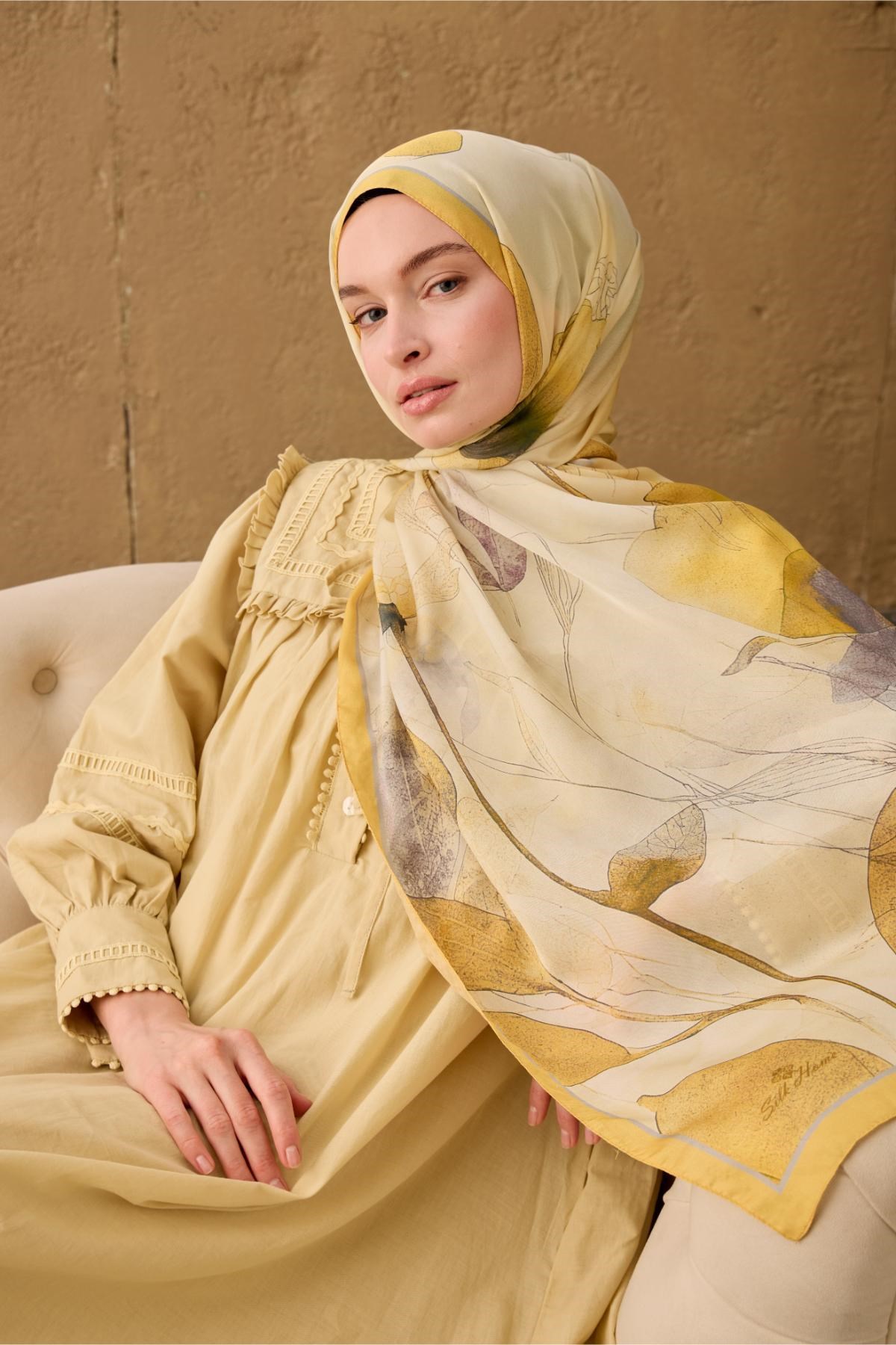 Polyester Velina Şal Sarı-Krem Gri Mor Yeşil Desenli İpeksi Dokulu Hafif Yapılı 70x190