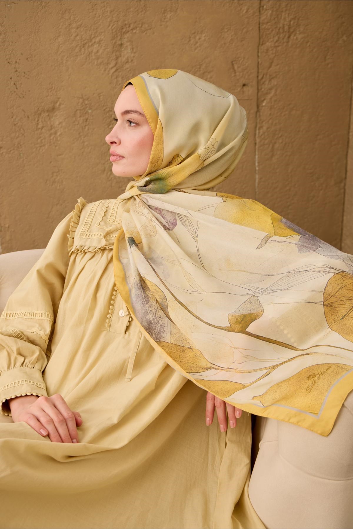 Polyester Velina Şal Sarı-Krem Gri Mor Yeşil Desenli İpeksi Dokulu Hafif Yapılı 70x190