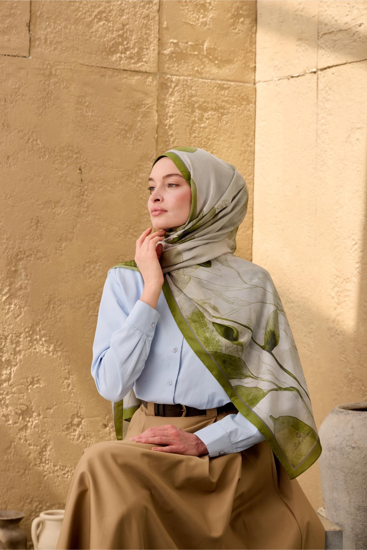 Polyester Velina Şal Yeşil-Gri Desenli Parlak Dokulu Hafif 190x70