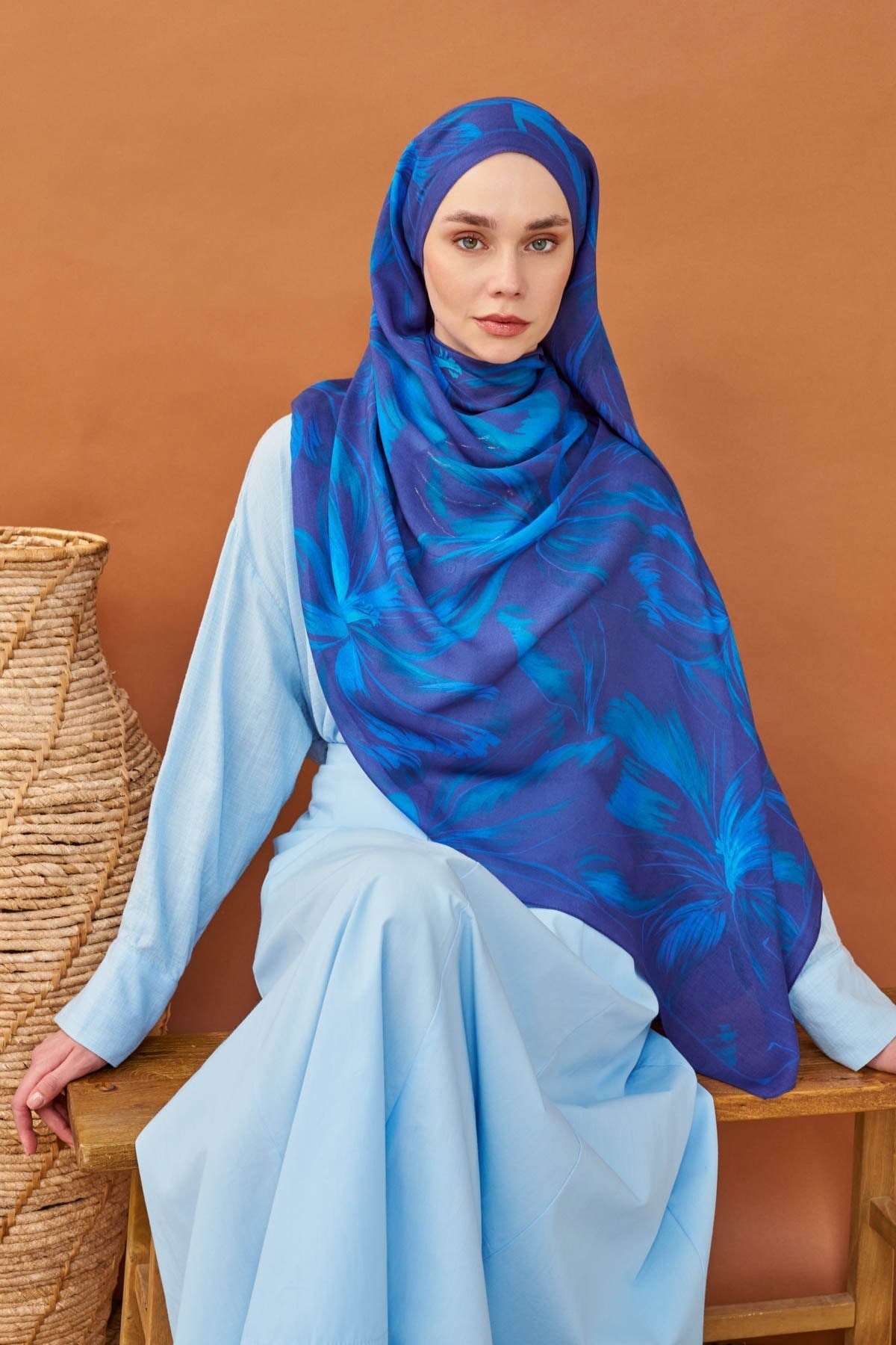Riva Şal Tencel Bloom Koyu Mavi