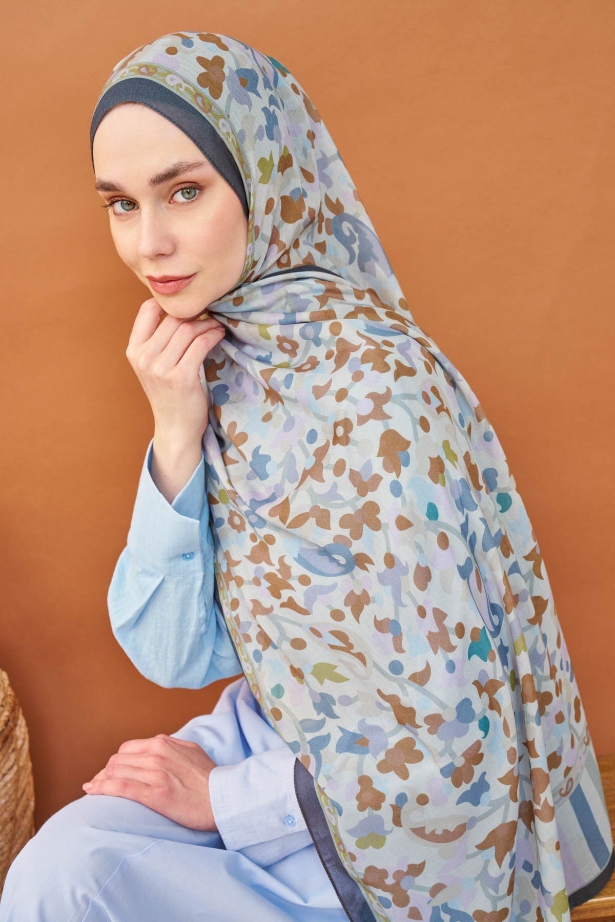 Riva Şal Tencel Botanical Floral Buz Mavisi