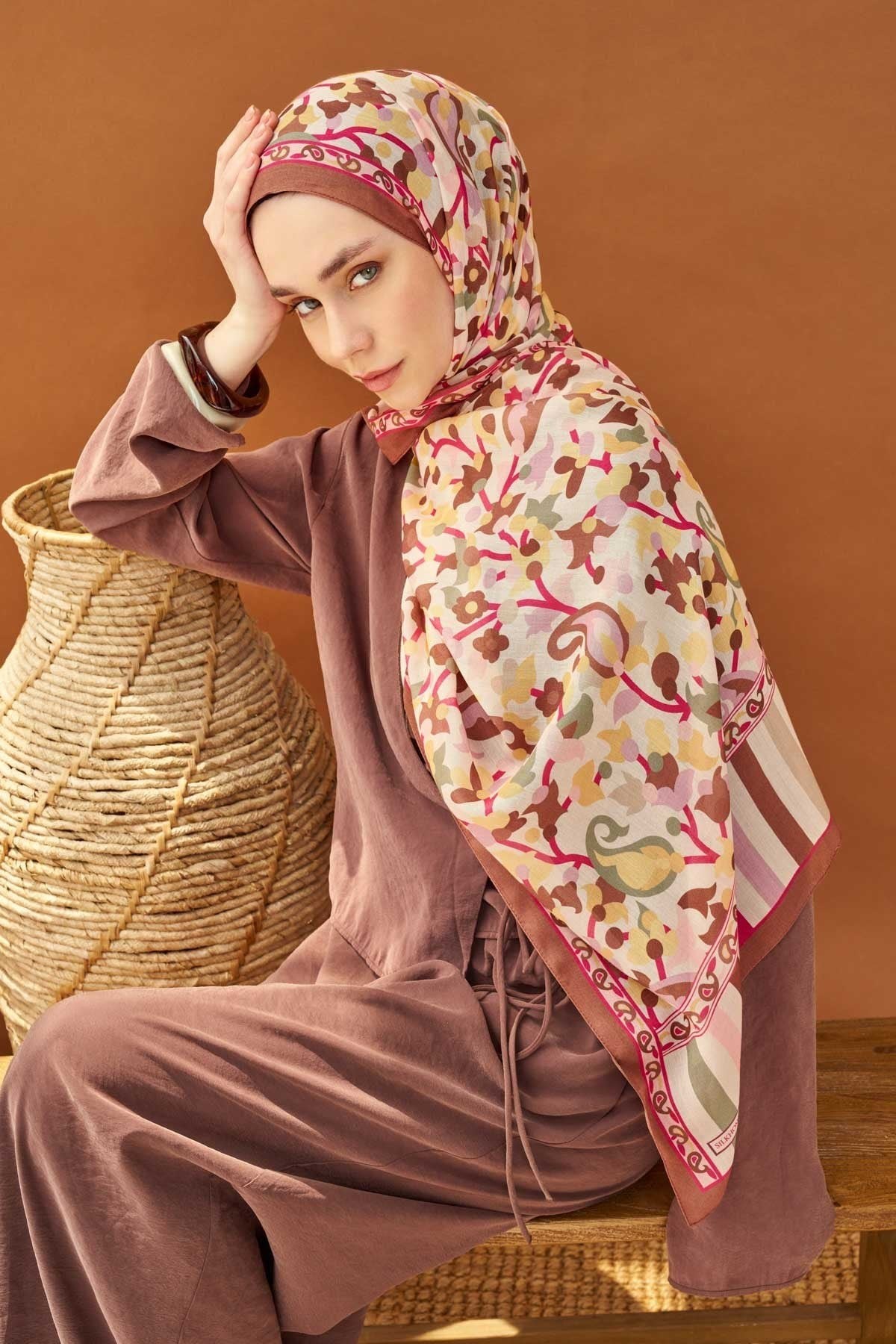 Riva Şal Tencel Botanical Floral Kahverengi