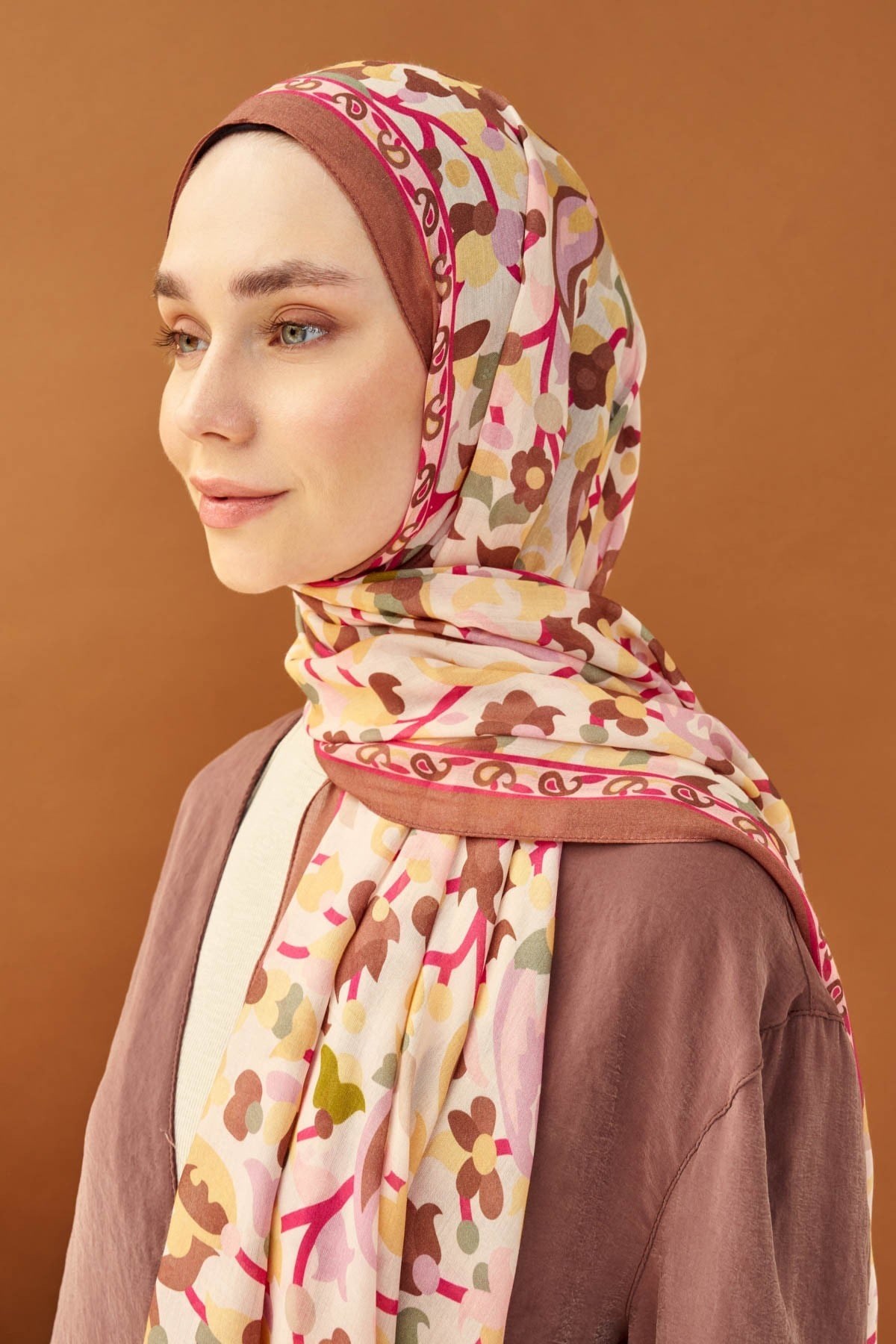 Riva Şal Tencel Botanical Floral Kahverengi