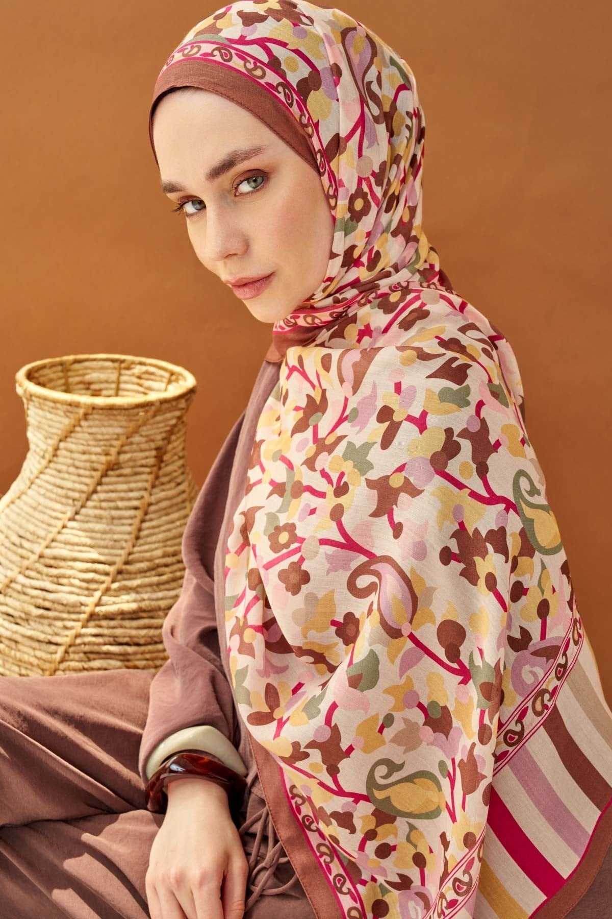 Riva Şal Tencel Botanical Floral Kahverengi