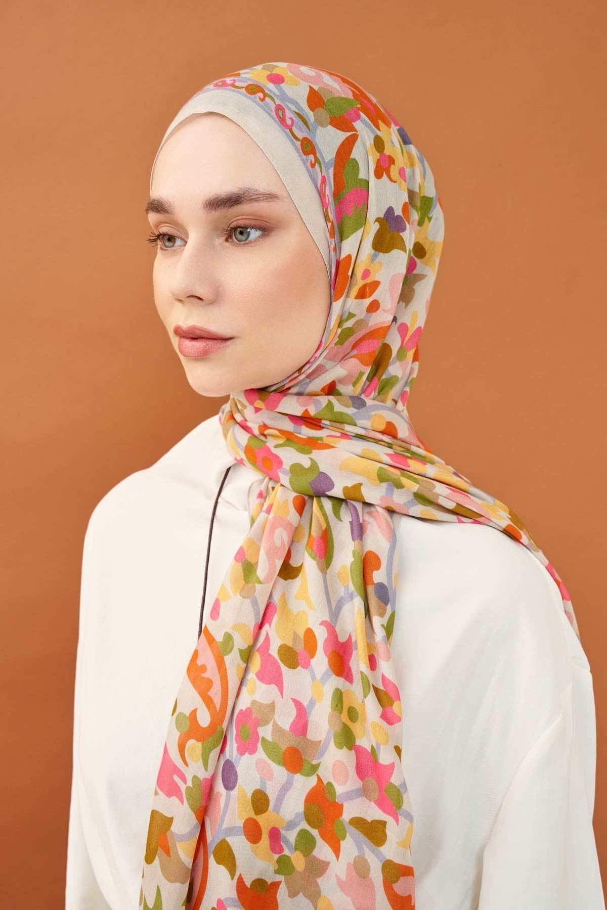 Riva Şal Tencel Botanical Floral Kırık Beyaz
