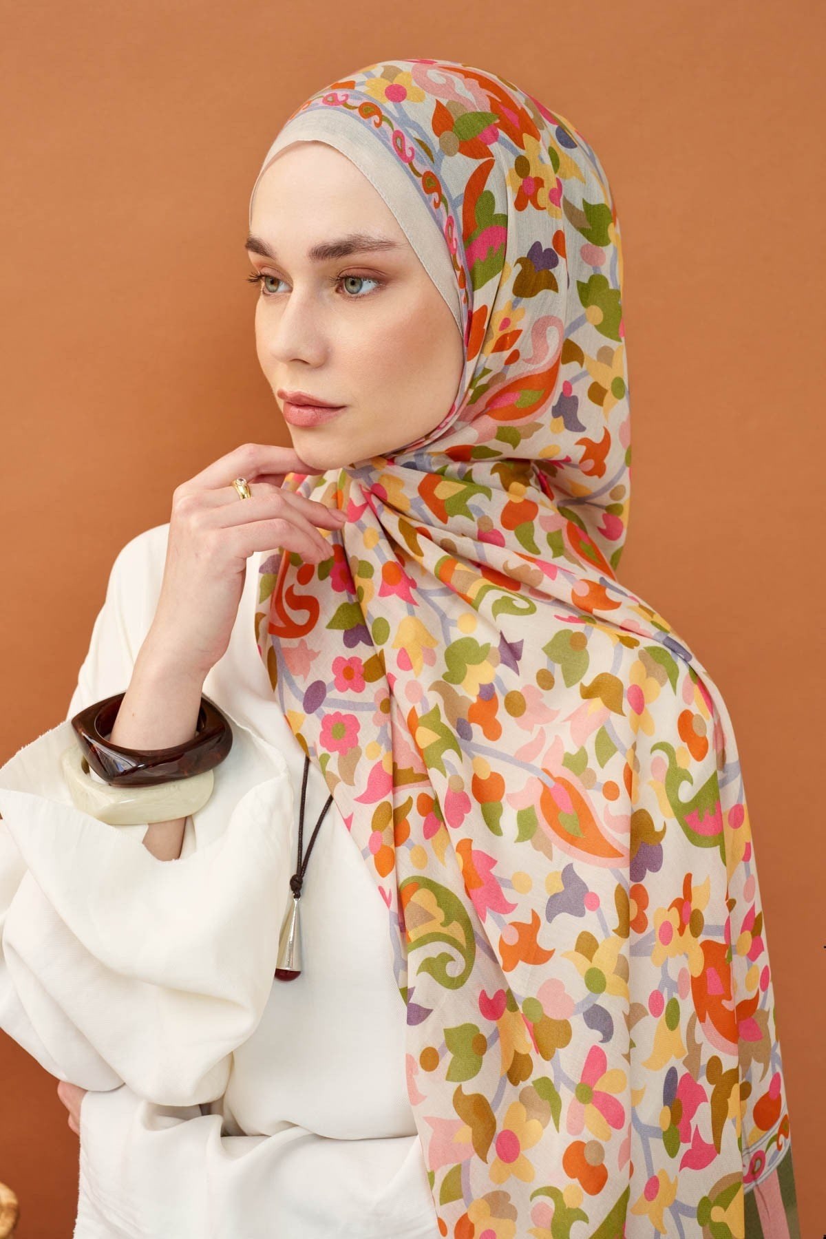 Riva Şal Tencel Botanical Floral Kırık Beyaz