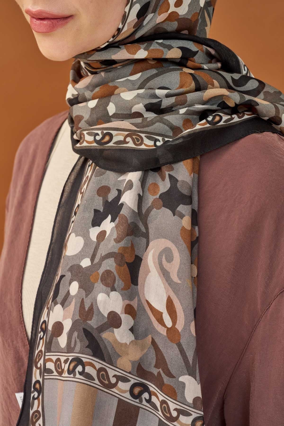 Riva Şal Tencel Botanical Floral Koyu Gri
