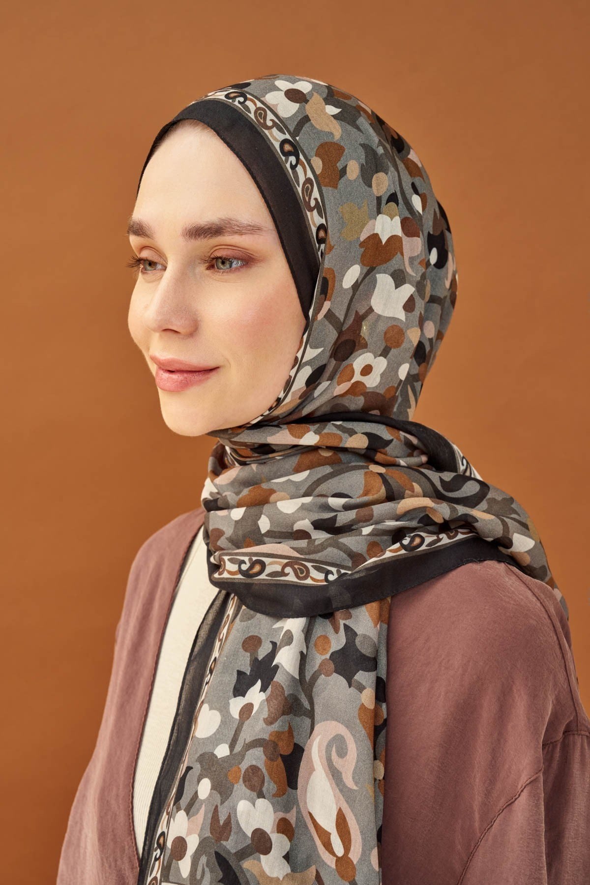 Riva Şal Tencel Botanical Floral Koyu Gri