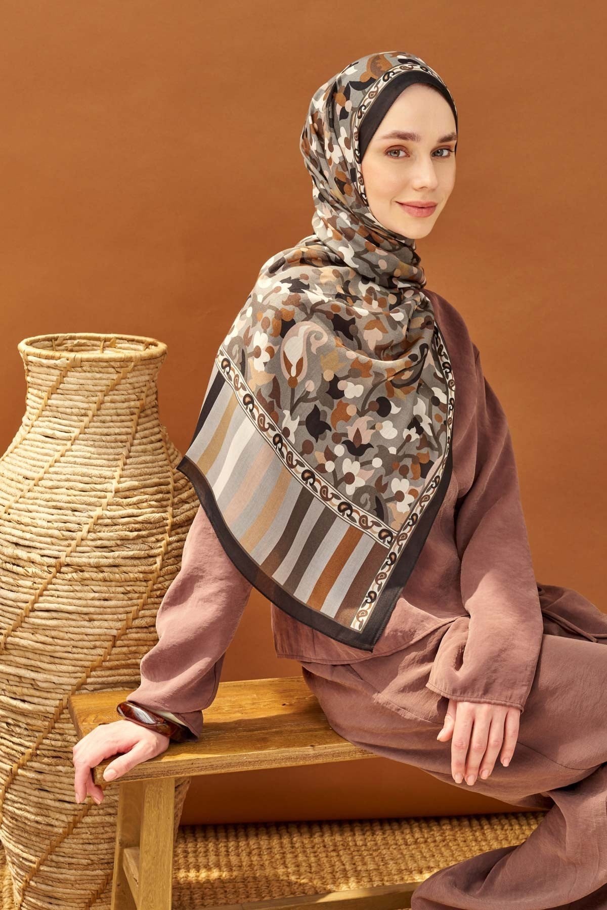Riva Şal Tencel Botanical Floral Koyu Gri