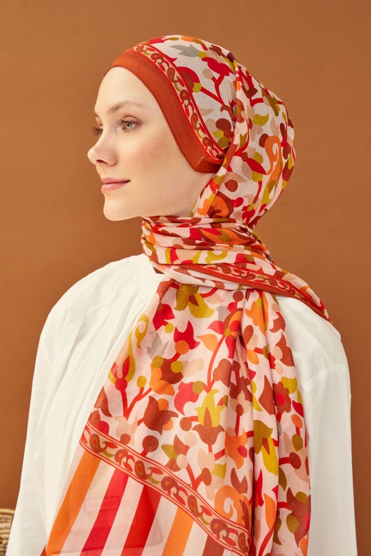 Riva Şal Tencel Botanical Floral Koyu Turuncu