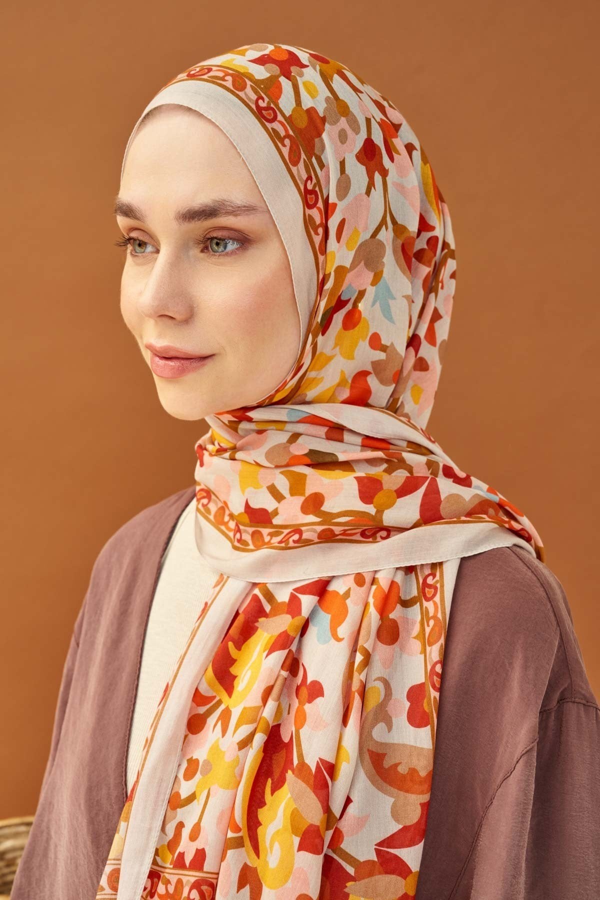 Riva Şal Tencel Botanical Floral Krem