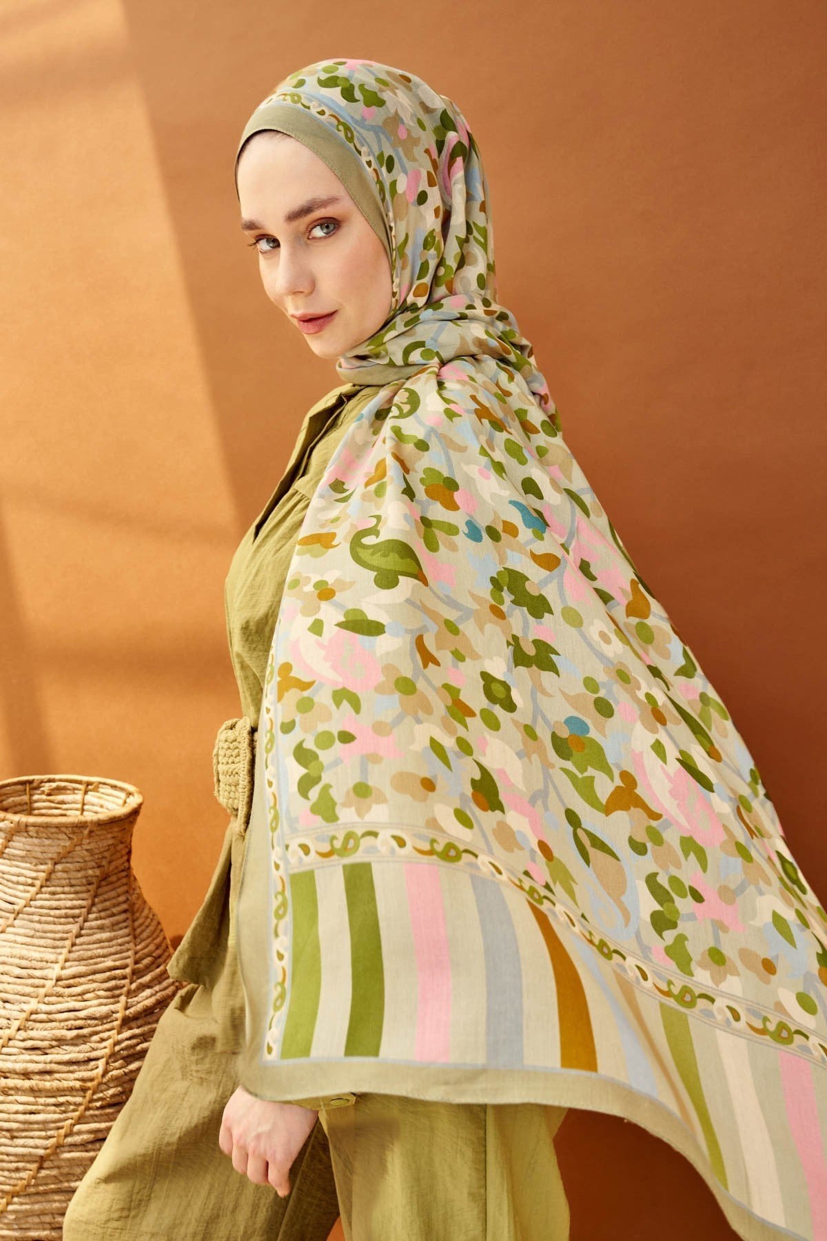 Riva Şal Tencel Botanical Floral Küf Yeşili