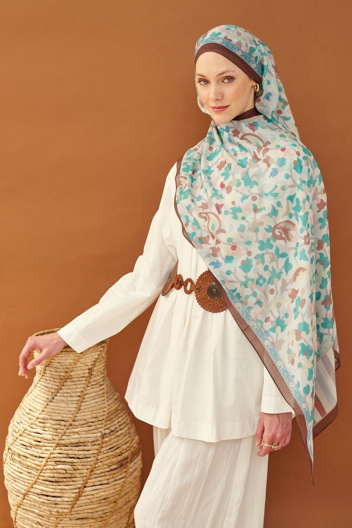 Riva Şal Tencel Botanical Floral Turkuaz