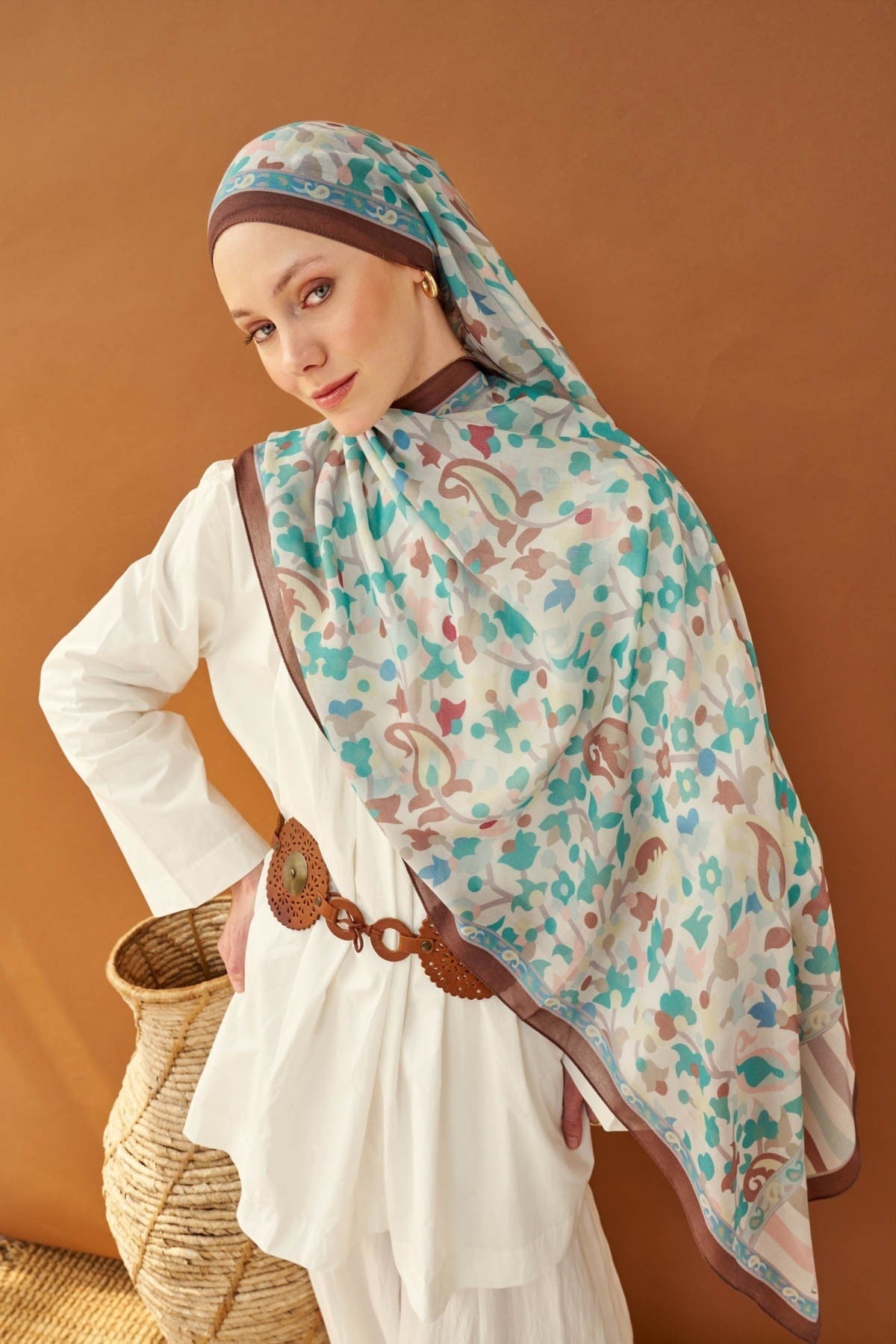 Riva Şal Tencel Botanical Floral Turkuaz