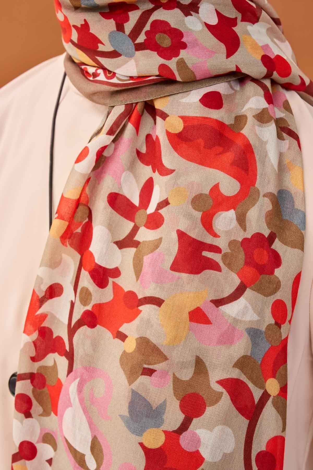 Riva Şal Tencel Botanical Floral Vizon