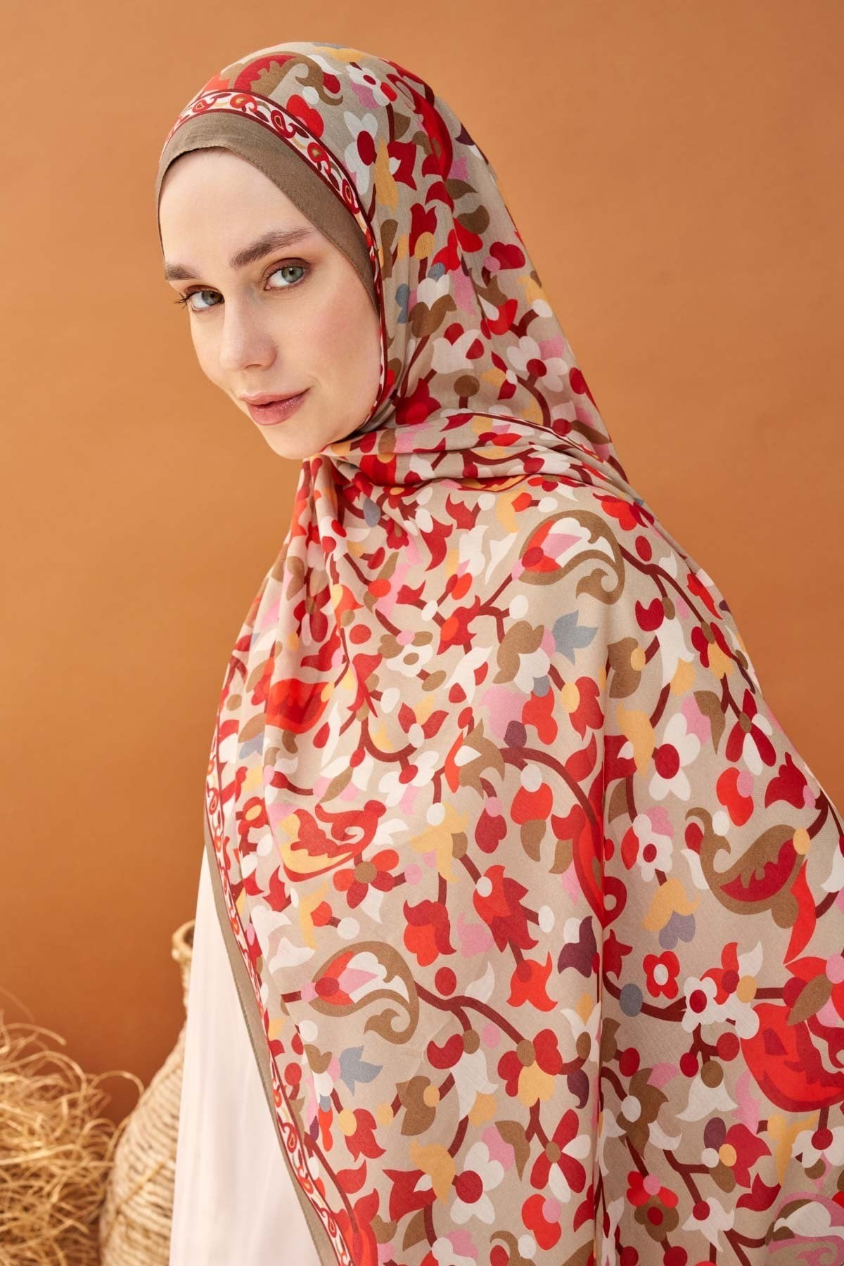 Riva Şal Tencel Botanical Floral Vizon
